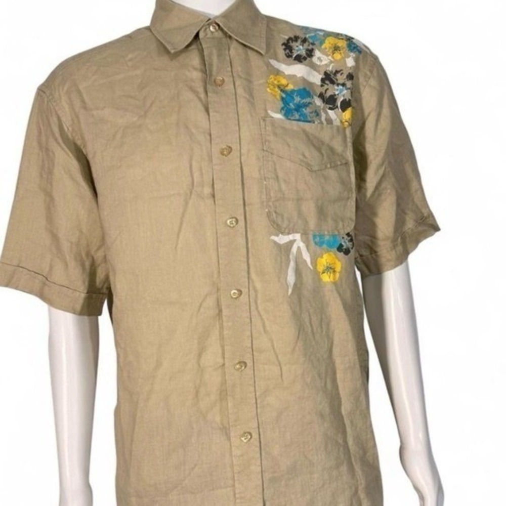 Sean John Mens L Tan 100% Linen Floral Short Sleeve Button Down Shirt